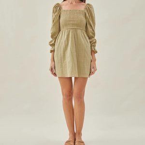Textured Cotton Shirred Mini Dress Puffed Sleeve Square Neck Muted Moss S